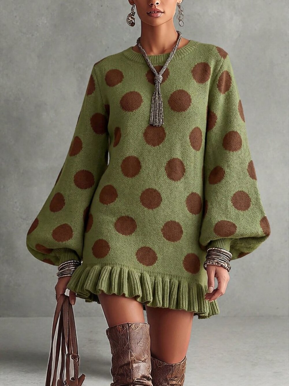 Green Casual Women's Polka-Dot Loose Fit Long Pullover Sweater dress - Picture 4 of 8